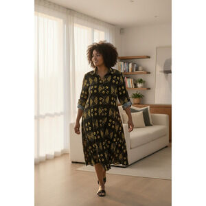 5328) Step in Style 2X Aztec Geo Print Black Yellow Button Up Shirt Dress